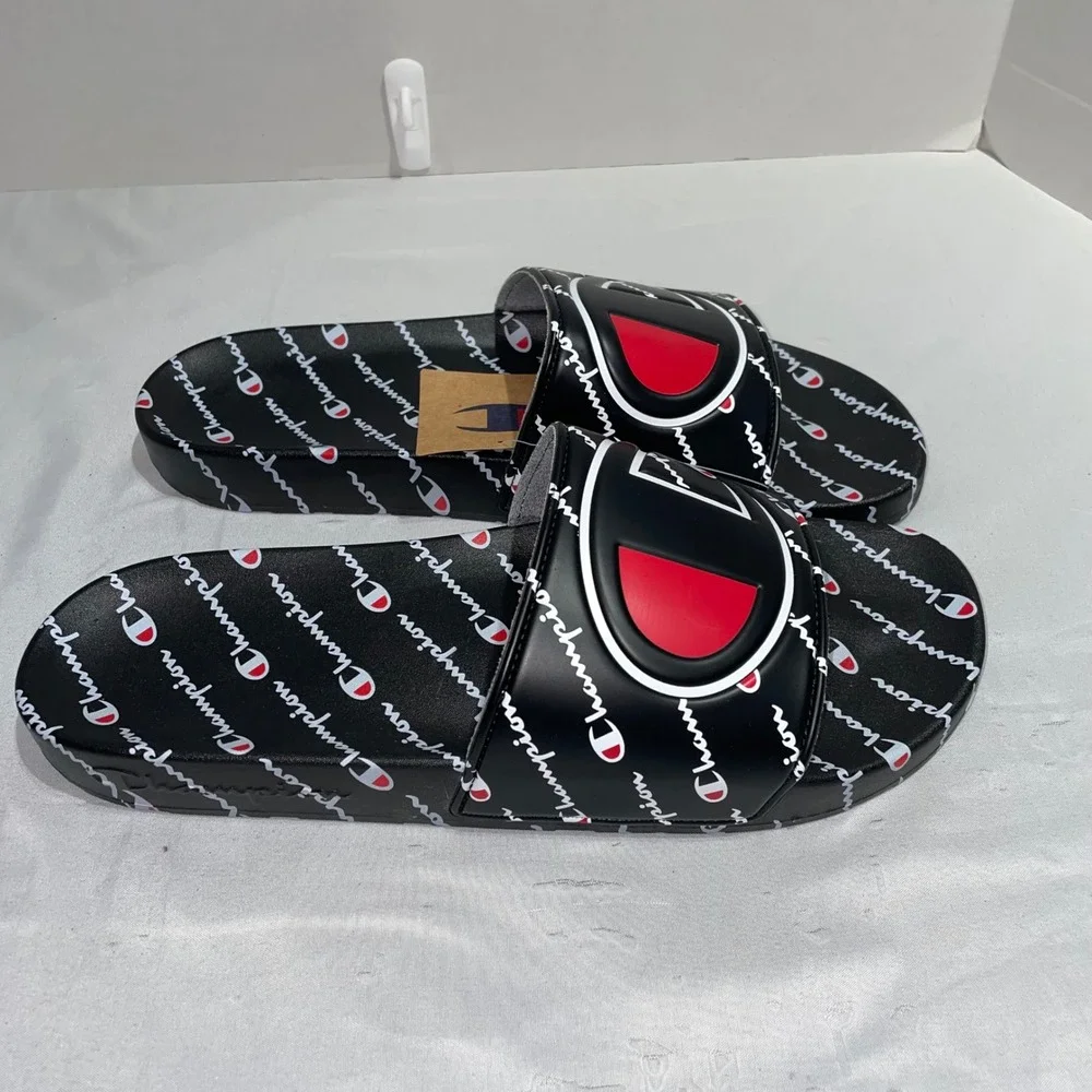 Champion IPO Repeat Script Black Red White Slides Mens Size 13 Sandals CM100798M